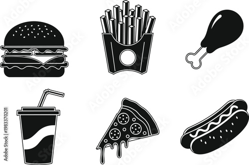 Black And White Icons Of Popular Fast Food Items burger hamburger