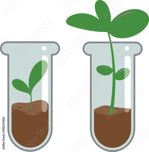 Scientific Biotechnology Concept Illustration with Green Plants Growing in Glass Laboratory Flasks for Environmental Research and Sustainable Growth Development