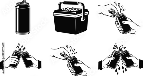 Collection of black and white icons depicting a soda can cooler and hands opening and clinking cans drink