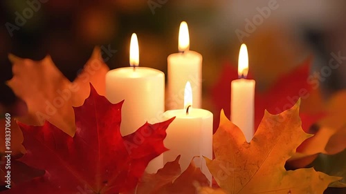 Wallpaper Mural Three lit candles surrounded by vibrant autumn leaves on a table indoors Torontodigital.ca