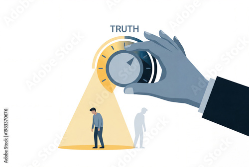 Conceptual illustration of a giant hand turning a dial labeled truth to manipulate the light on a small person representing gaslighting psychological control and narcissism.