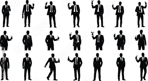 Collection of silhouettes of men in suits holding various drinks and phones illustration