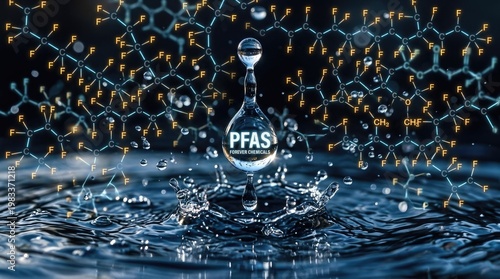 A dramatic image showcases perfluorinated chemicals (PFAS) dispersed within a droplet of water, which is splashing into a dark blue water surface.