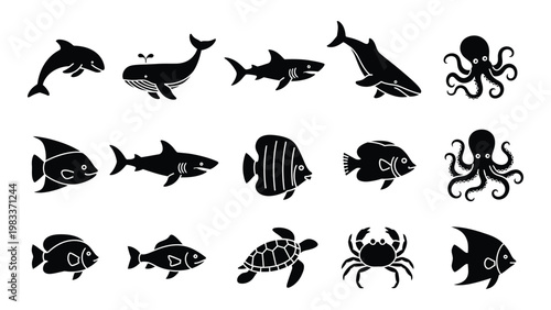 Collection of marine life icons featuring whales sharks fish octopus turtle and crab silhouettes high quality
