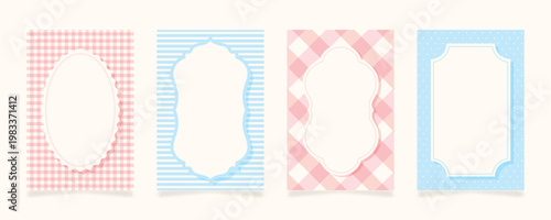 A collection of cute pink and blue invitation cards featuring classic patterns like plaid and stripes with white empty frames for baby showers, birthdays, or nursery announcements