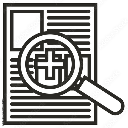 Minimalist black vector icon illustration of a document or medical report being examined with a magnifying glass, highlighting a plus sign symbol for healthcare, search, or data analysis.