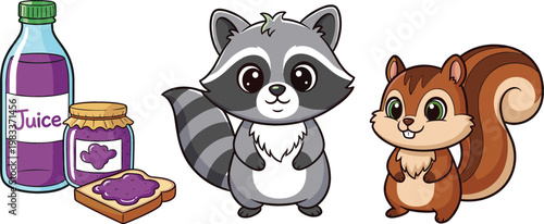 Cute raccoon and squirrel cartoon characters with juice bottle and jam toast breakfast food vector illustration collection