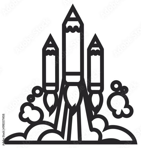 Billede på lærred Black and white vector icon illustration of a pencil rocket ship launching into the sky with smoke clouds