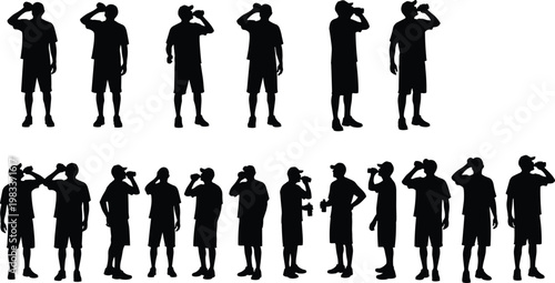 Multiple Silhouettes of a Man Drinking from a Bottle in Various Poses water bottle
