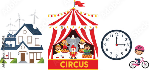 Eco house with wind turbines circus tent performance clock and kid riding bicycle cartoon vector illustration collection
