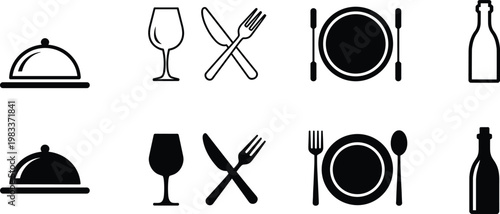 Restaurant Icons Set With Outline and Solid Fill Styles On White Background illustration vector