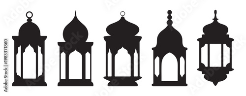 Collection of five decorative Islamic lantern silhouettes isolated on white background