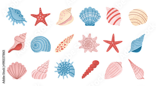 Seashell set with starfish and marine elements. Summer ocean collection for beach design, packaging, posters and prints. Flat vector illustration isolated on white background.