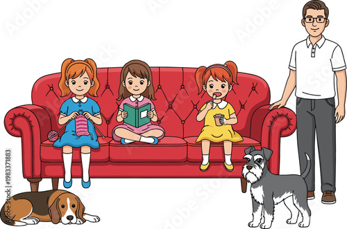 Father with three daughters sitting on red sofa with pet dogs family home lifestyle cartoon vector illustration