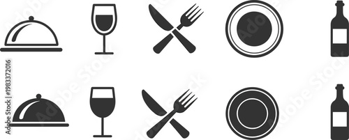 Restaurant Service Icons Set with Cloche Wine Glass Knife Fork Plate and Bottle illustration vector