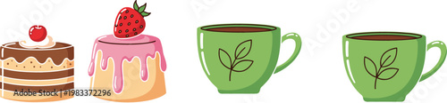 Sweet cake desserts with strawberry topping and green tea cups cartoon vector illustration collection for food and cafe design