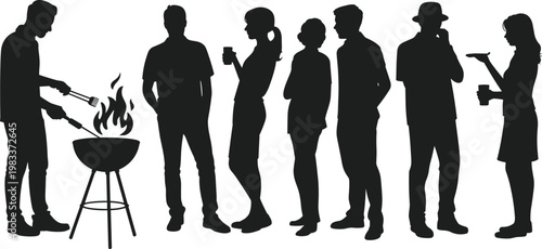 Silhouette of people at a barbecue party with a grill and drinks illustration