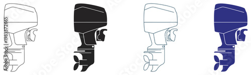 Marine boat engine icon collection, isolated vector set on white background, outboard motor and propulsion system symbols, clean modern nautical equipment 