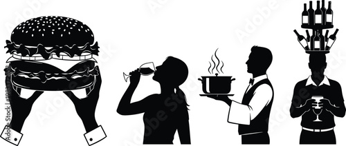 Silhouette of people serving and enjoying food and drinks with a large burger wine