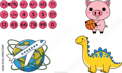 Math symbols set with numbers airplane flying around globe pig playing basketball and dinosaur cartoon vector illustration collection