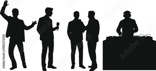 Silhouettes of Men Enjoying a Party with aDJ and Drinks celebration disc jockey