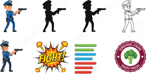 Police officer shooting pose silhouettes fight comic effect progress bars and organic farm logo vector illustration collection