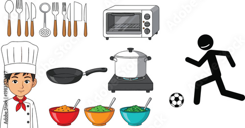Chef cooking utensils stove pot oven salad bowls and soccer player icon cartoon vector illustration collection