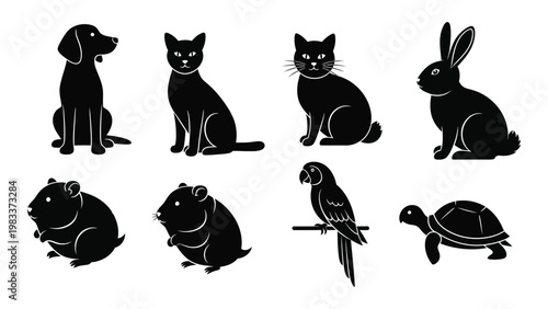 A collection of black silhouette animals including a dog cats rabbit parrot and other creatures