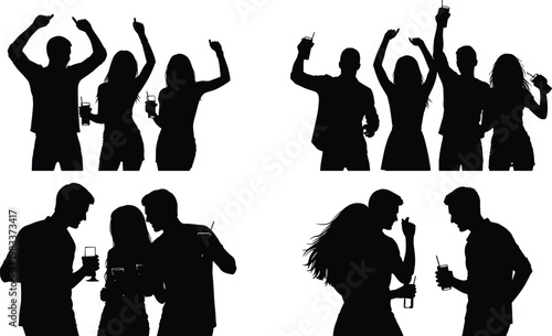 Silhouettes of people dancing and socializing at parties and events Keywords: party, dancing, celebration, people, silhouette, group