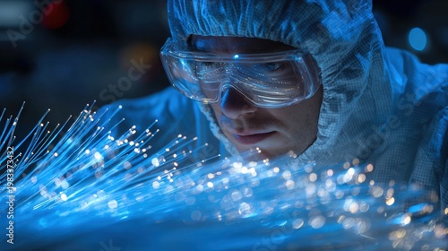 Scientist observing fiber optic light scattering, intimate lab scene with delicate strands, soft bokeh highlights, analytical focus on spectrum and photonics behavior careful documentation,