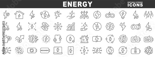 Outline energy icon set with electricity, power