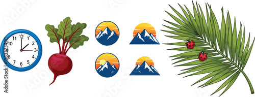 Clock beetroot mountain landscape icons and pine branch with ladybugs nature cartoon vector illustration collection