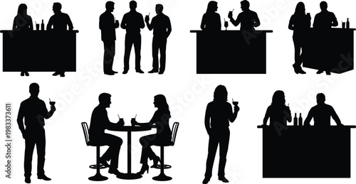 Silhouettes of people in various social drinking settings at bars and tables illustration vector