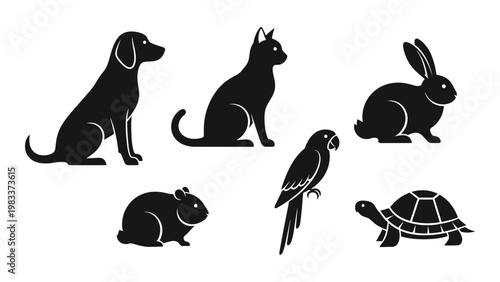 A collection of black silhouettes depicting a dog cat rabbit parrot guinea pig and turtle