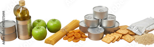 Assortment of canned goods dry pasta dried apricots fresh green apples crackers and uncooked grains including quinoa presented in a still life composition food groceries canned food
