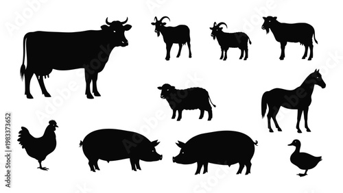 A collection of black silhouette farm animals including cows goats pigs and poultry high quality professional