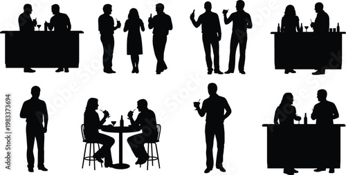 Silhouettes of people socializing and dining in various bar and restaurant settings gathering