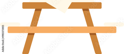 Wooden picnic table with attached benches and a white cloth for outdoor recreation