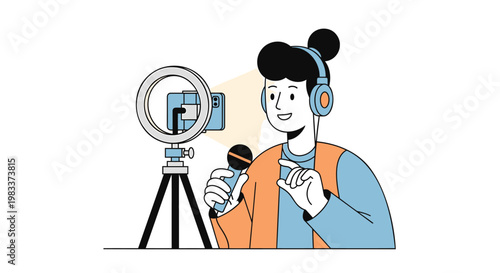 Vector illustration of a female podcaster, recording on a microphone with a smartphone on a tripod and ring light, wearing headphones