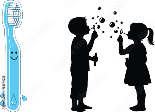 Children brushing teeth and blowing bubbles with cute toothbrush character vector illustration in flat silhouette and cartoon style for hygiene education design