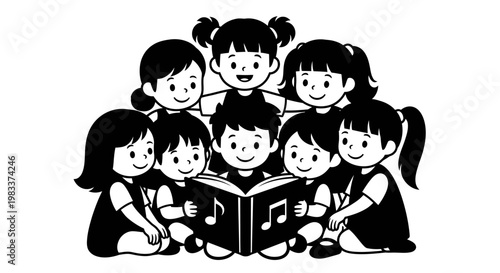 a group of children reading a book with music notes.