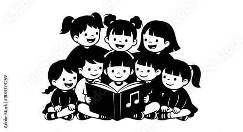 a group of children reading a book.