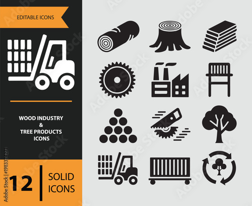 Collection of wood industry and tree products icons in solid style