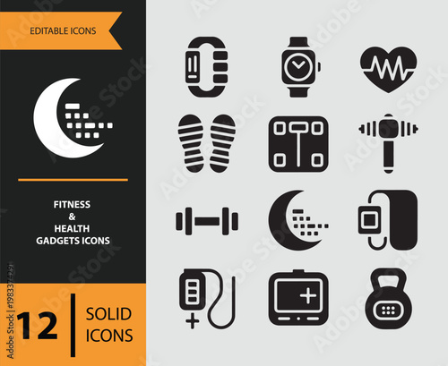 Collection of fitness and health gadgets icons in solid black