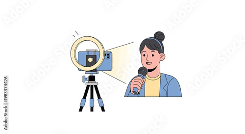 Cartoon woman recording video, podcasting, vlogging, female blogger, online content creation