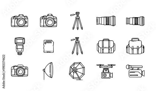 Professional photography and camera equipment linear icon set with modern digital media tools outline vector