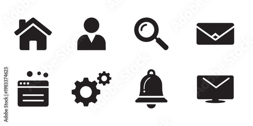 Web navigation dashboard and software admin interface icon set. Home profile email and notification bell black silhouette symbols.
