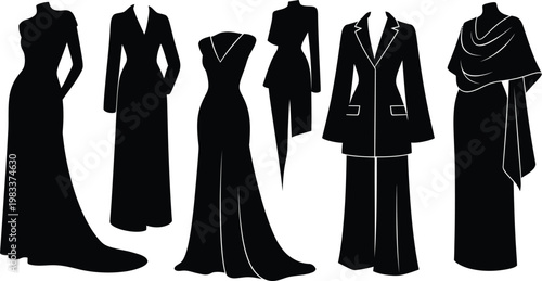 Elegant women's evening wear and formal suit silhouettes, set of six black vector icons featuring luxury gowns, blazer sets, and draped dresses isolated on white.