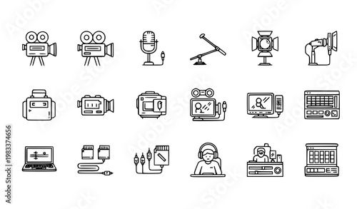 Photography and videography equipment linear icon set with film camera and production tools vector