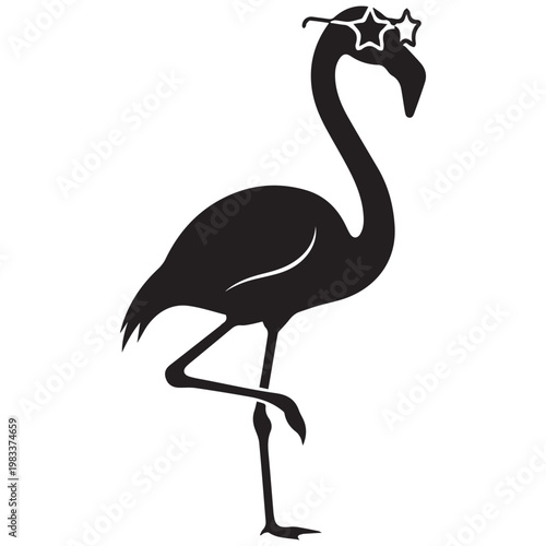 Black flamingo icon, party animal, star crown, silhouette illustration, vector graphics